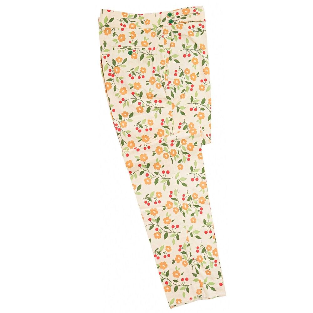 Mens Gurkha Pants 38 Beige Green Orange Floral Trousers Straight Fit Flat Front - Picture 2 of 8